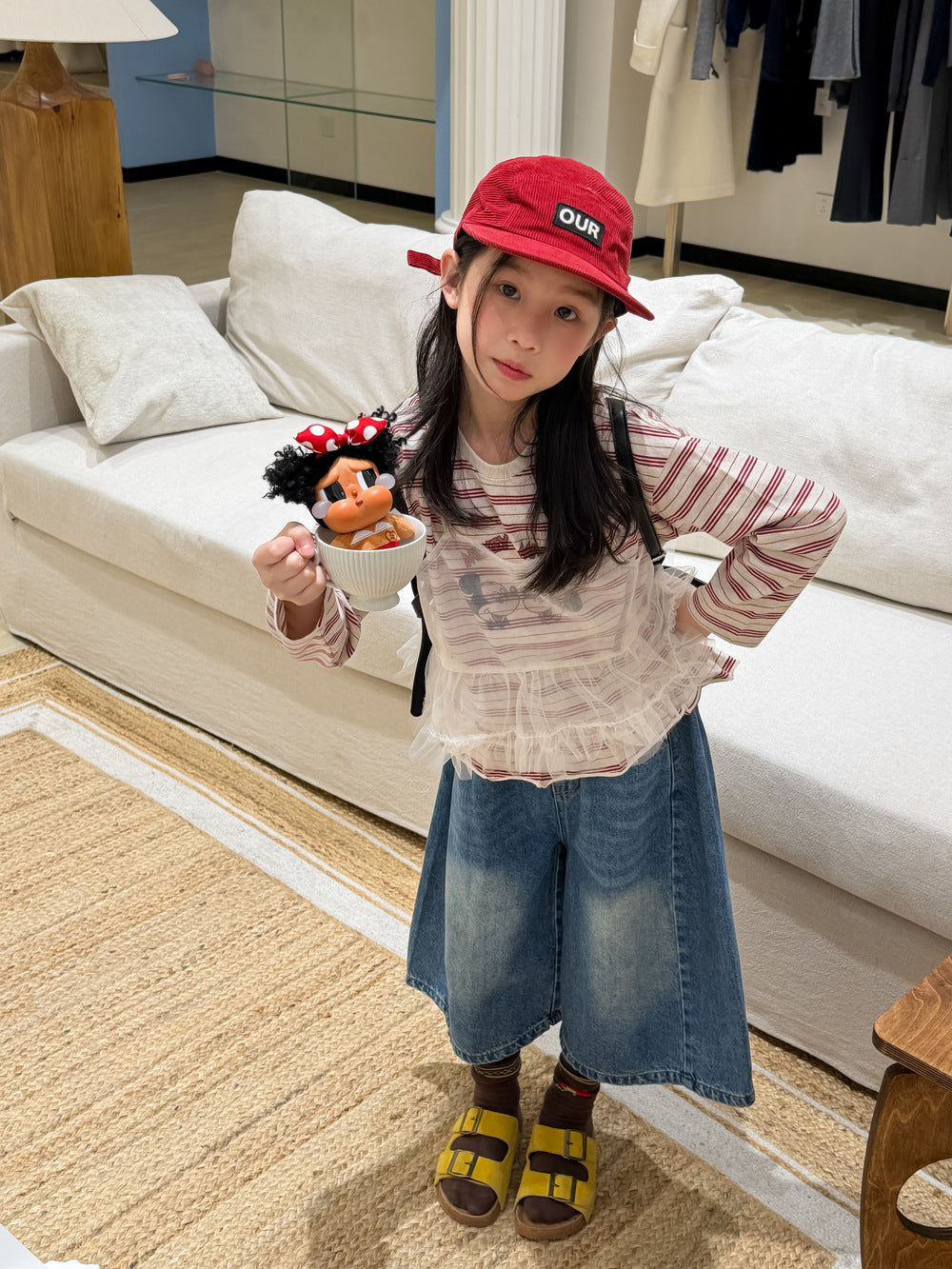 【100-160cm】百搭條紋米奇印花T+網紗兩件套