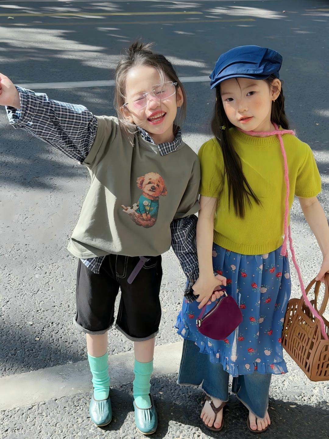 【90-140cm】狗狗短袖疊穿格子襯衫