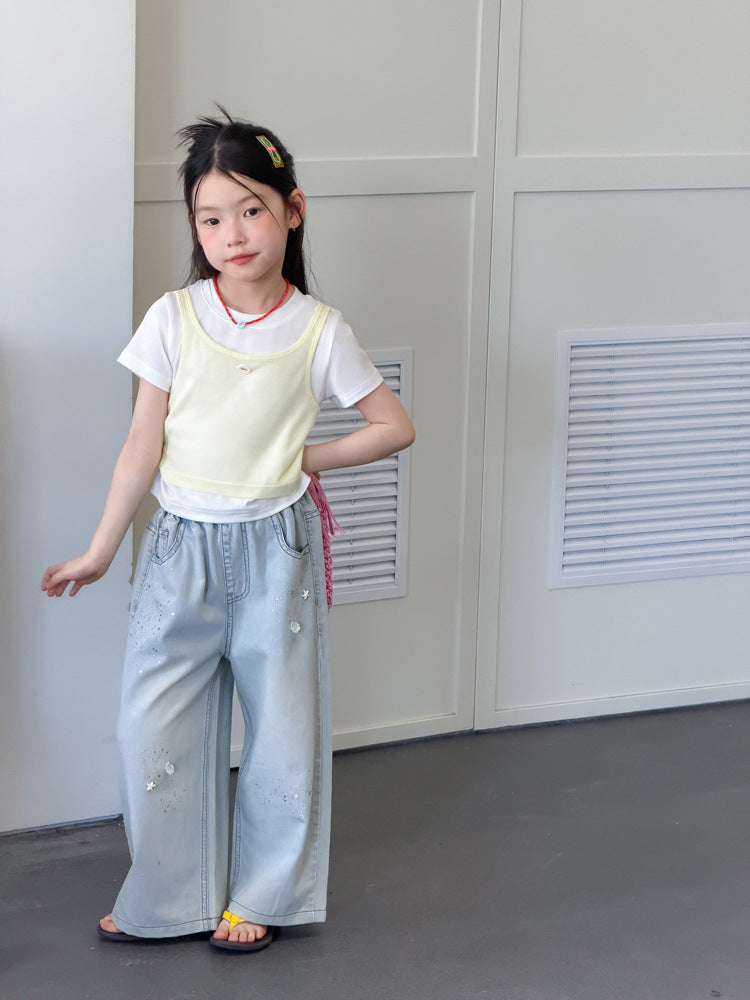 【100-170cm】萊賽爾撞色疊穿假兩件Ｔ
