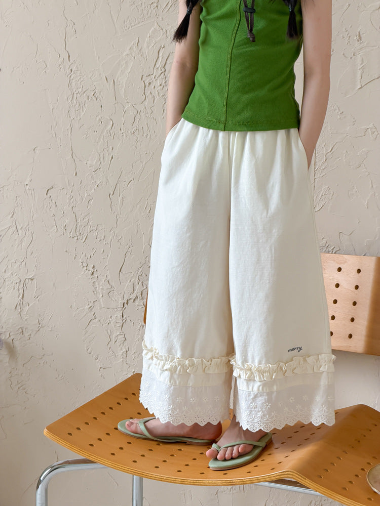 【100-170cm】甜美花邊冰感闊腿褲