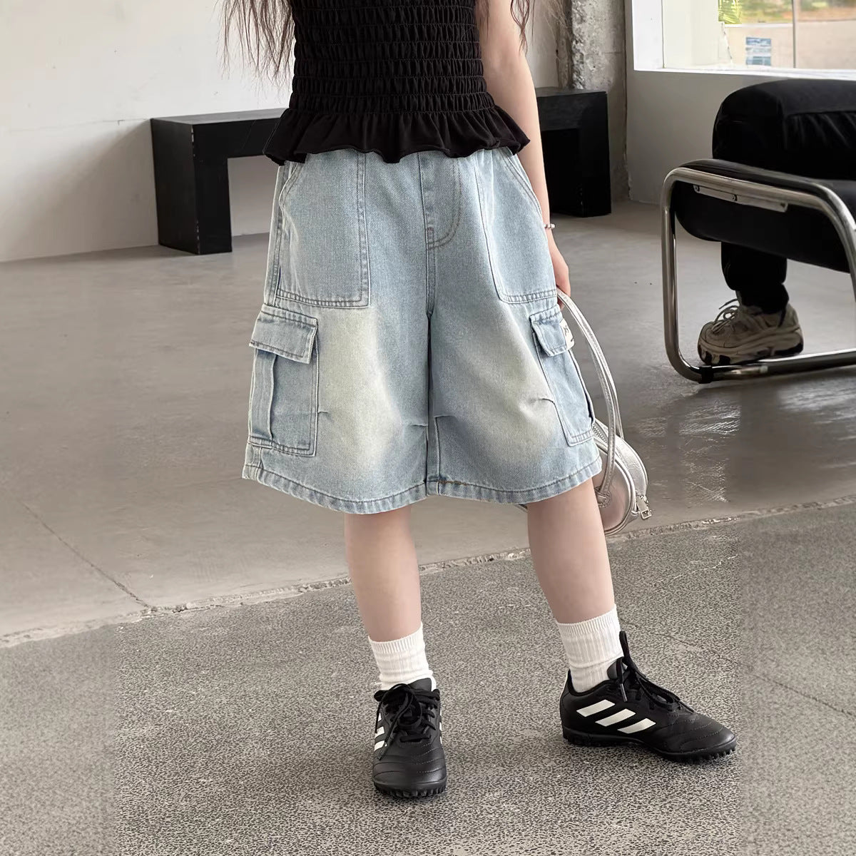 【100-150cm】工裝牛仔五分褲