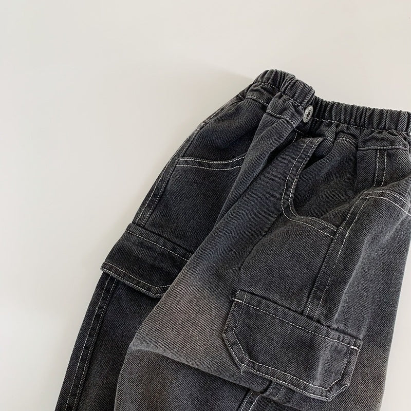 【現貨 90cm】純色口袋工裝牛仔直筒褲