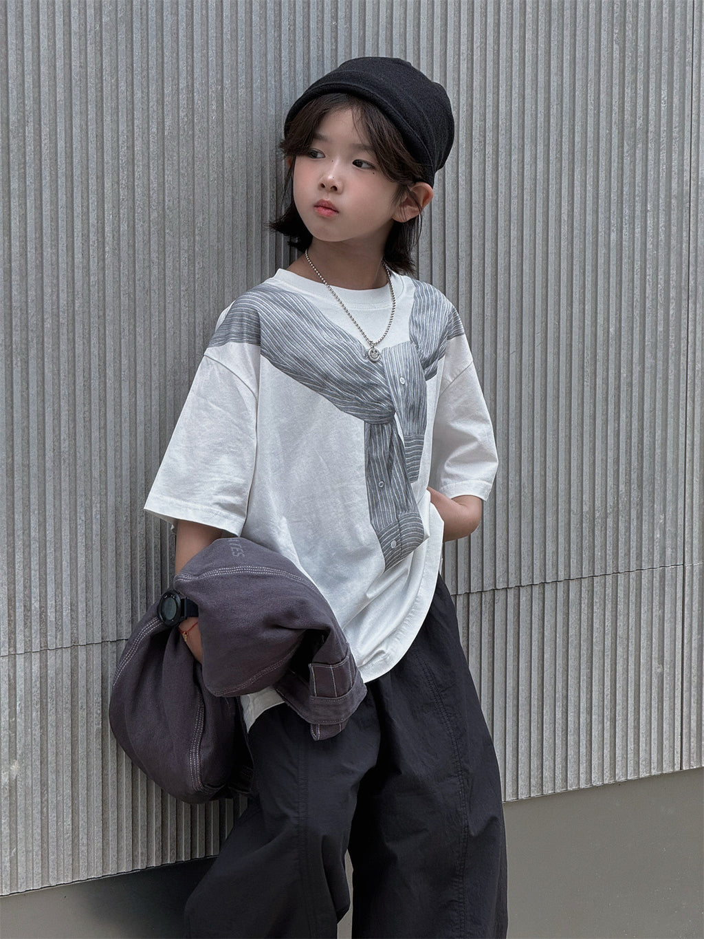 【100-160cm】學院風披肩印花寬鬆T