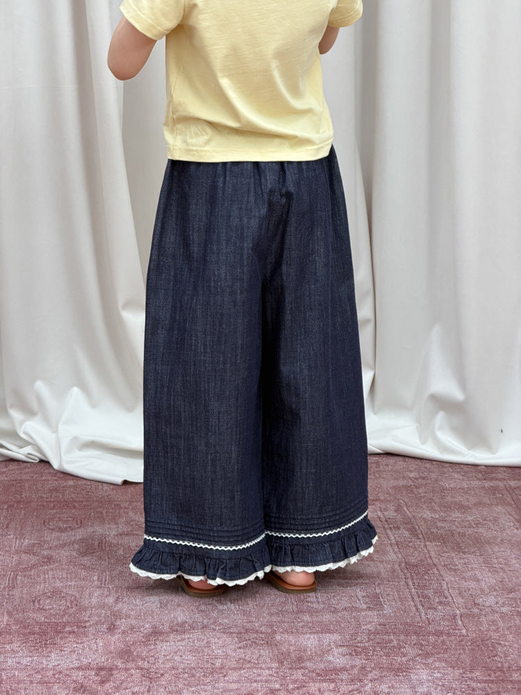 【100-170cm】韓系蕾絲花邊闊腿牛仔褲