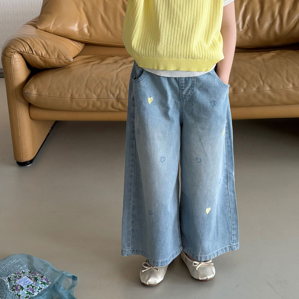 【100-160cm】韓版刺繡愛心牛仔褲