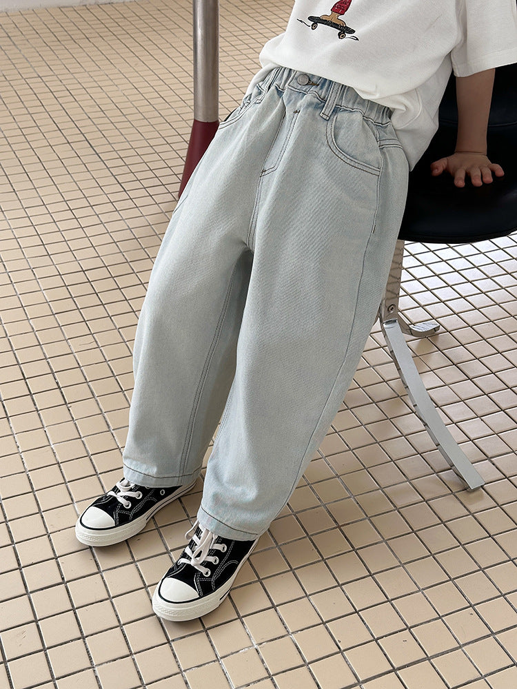 【100-170cm】復古砂洗斜紋彎刀牛仔褲