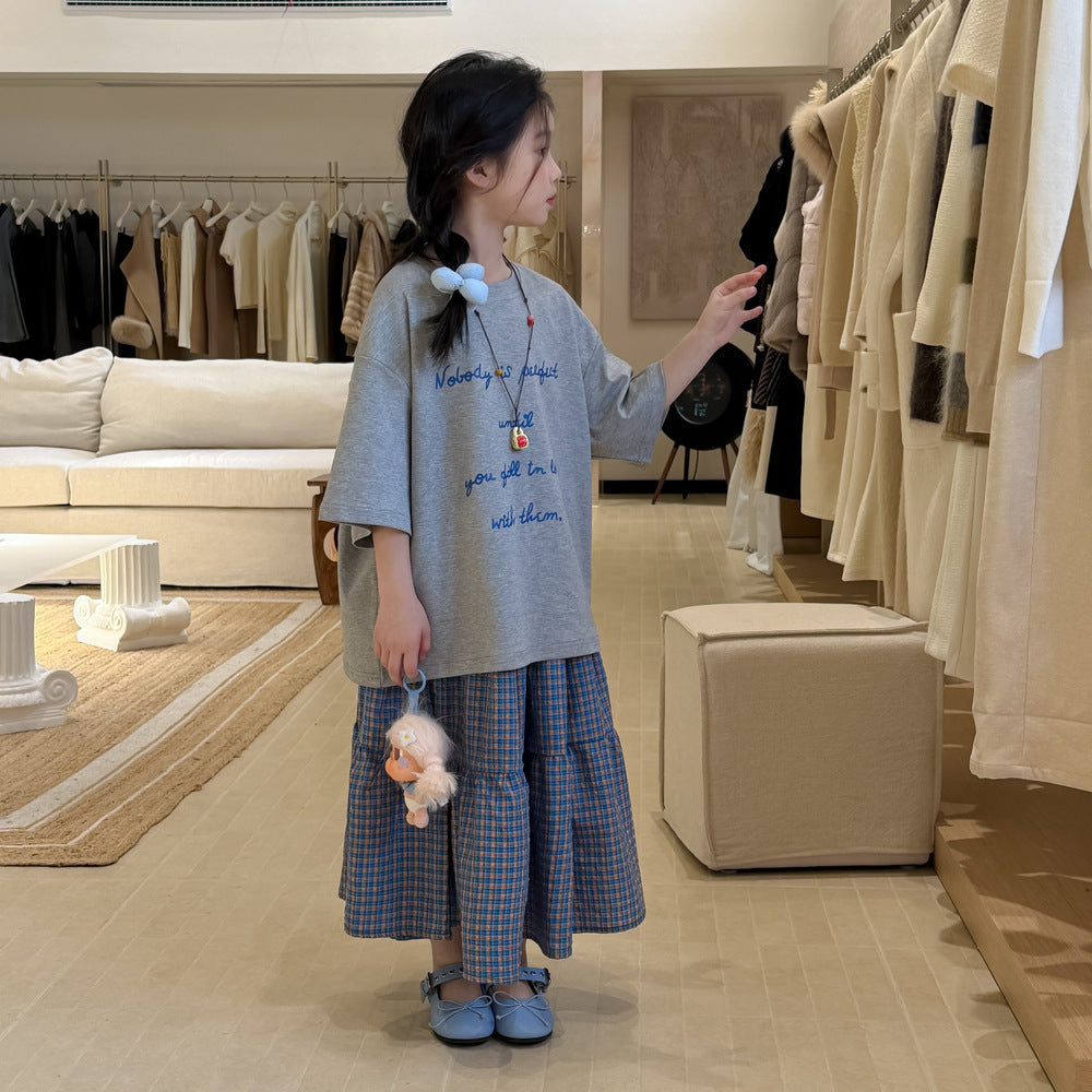 【100-160cm】休閒字母T｜格子半身裙