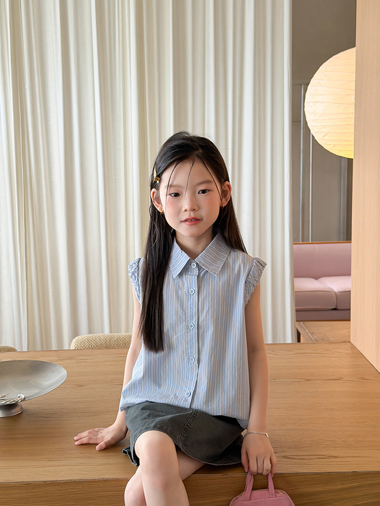 【100-170cm】條紋飛袖學院風花邊襯衫 | 短裙
