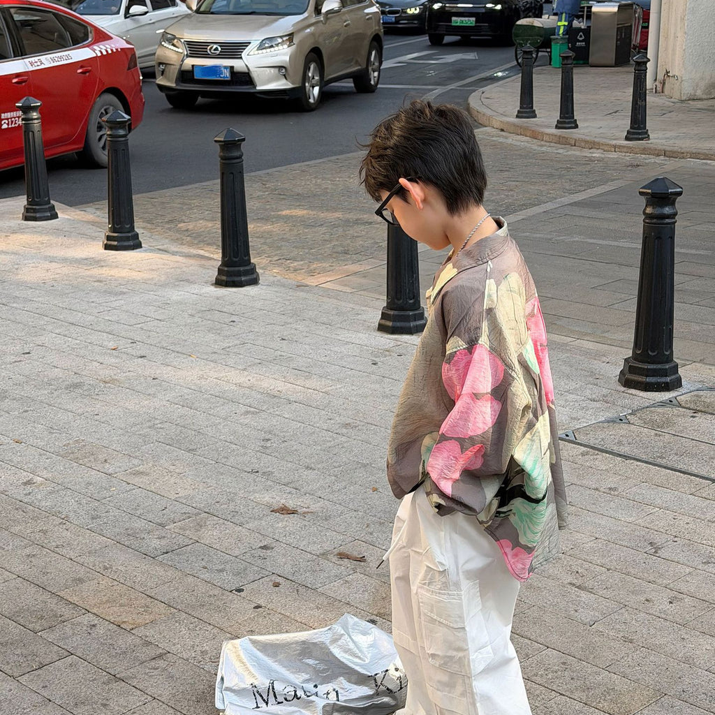 【90-160cm】韓版撞色花慵懶風防曬襯衫