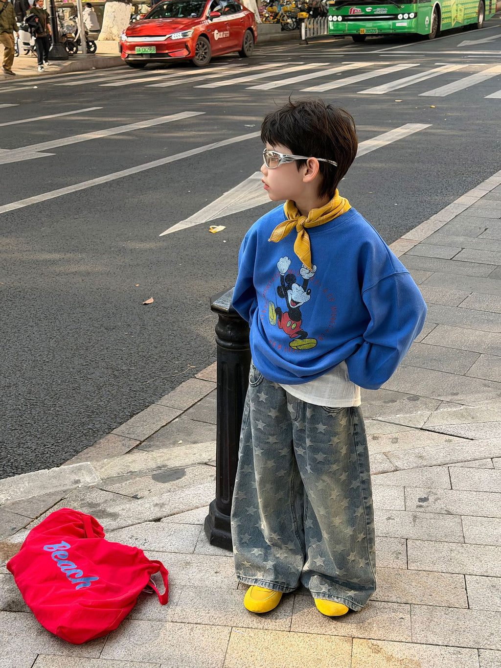 【90-160cm】設計感破洞水洗牛仔褲