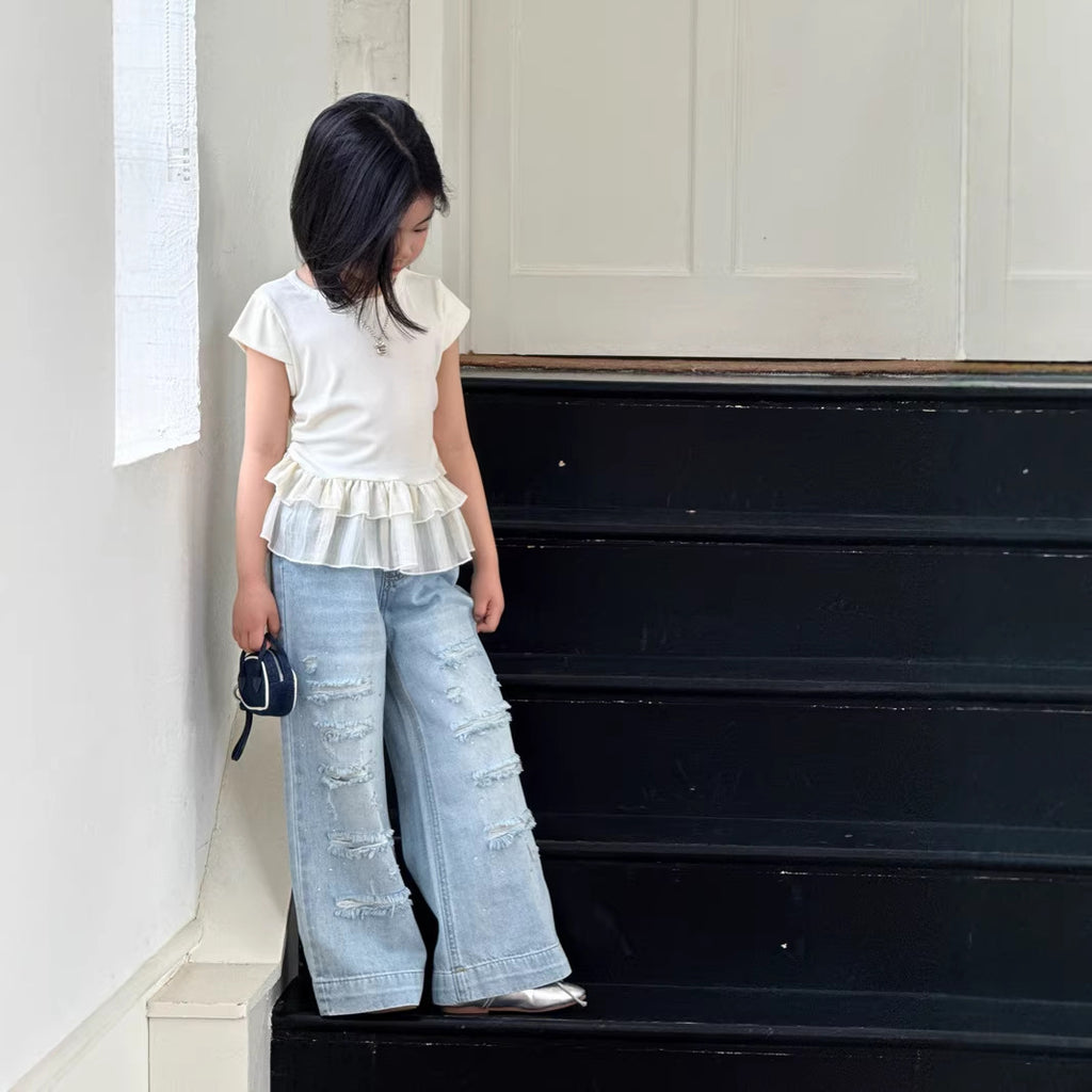 【120-160cm】彈性荷葉邊拼接短袖上衣