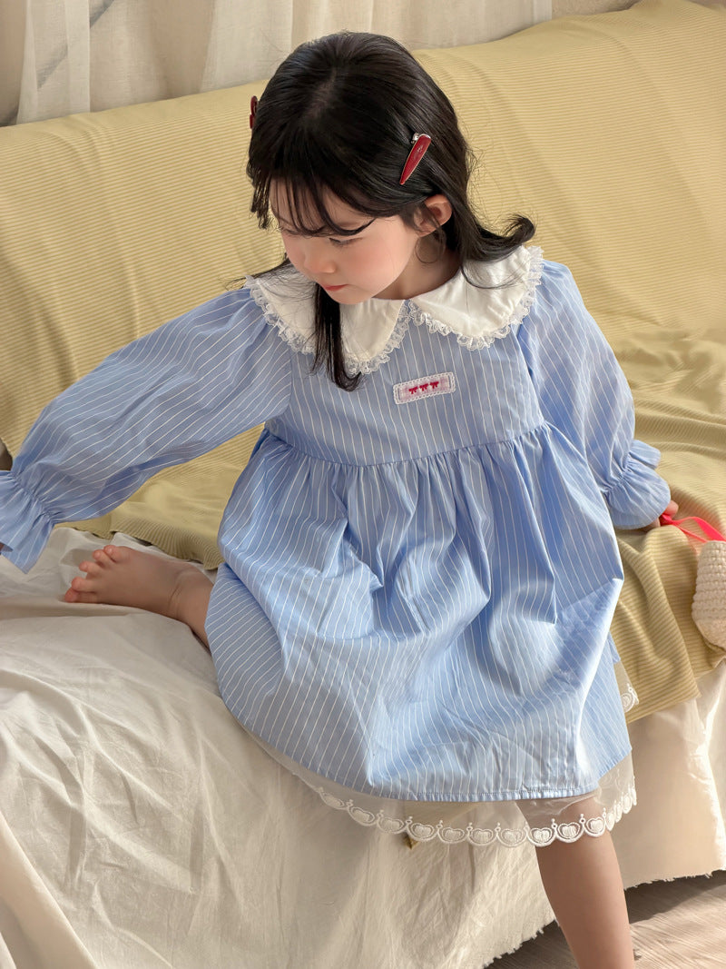 【90-140cm】條紋蕾絲棉布裙洋裝