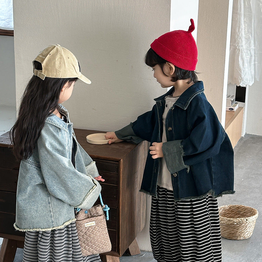 【80-140cm】復古毛邊牛仔外套