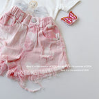 【90-150cm】粉色毛邊破洞牛仔褲