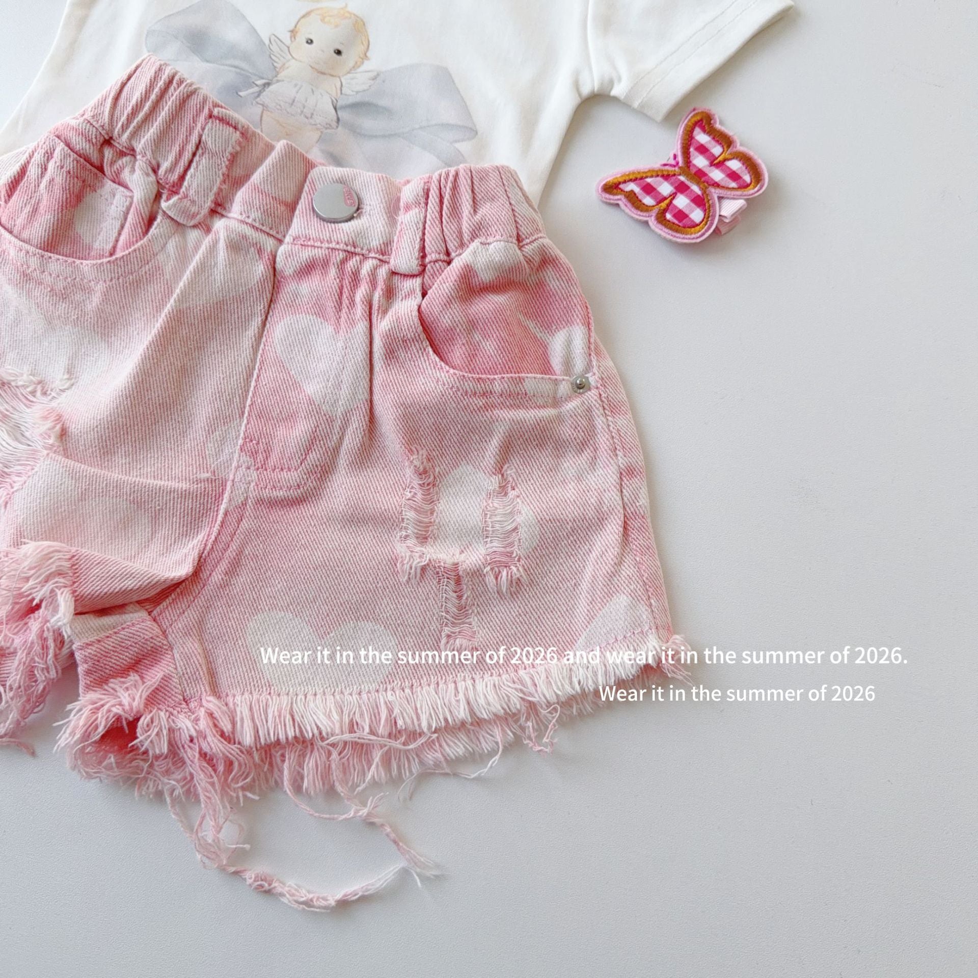 【90-150cm】粉色毛邊破洞牛仔褲