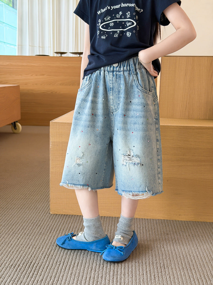 【100-170cm】隨性鬆弛感甜酷碎鑽水洗牛仔七分褲