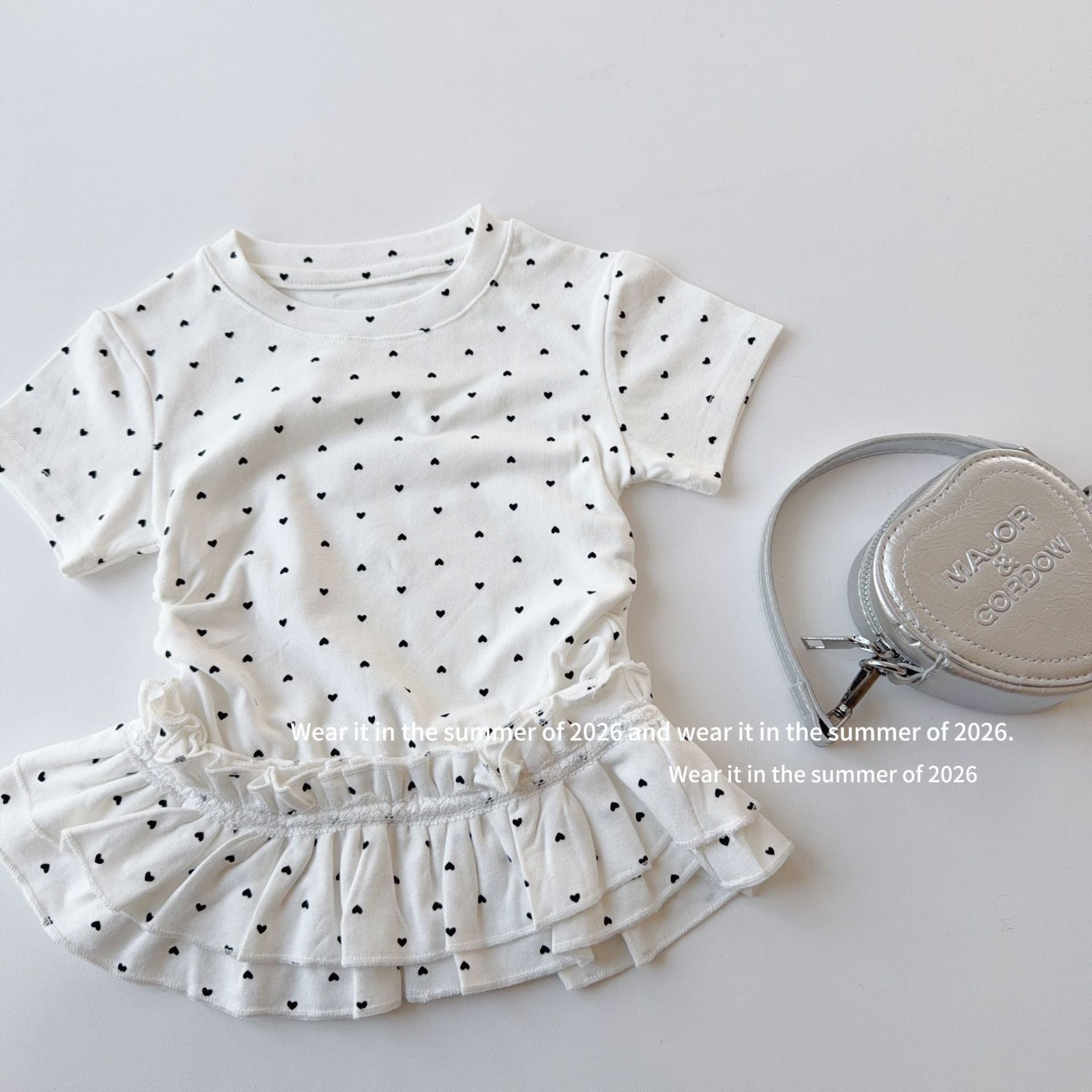 【90-150cm】愛心波點蕾絲花邊下擺上衣