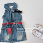 【90-150cm】【送包包皮帶】復古露背掛脖無袖翻領拉鍊高腰連身裙