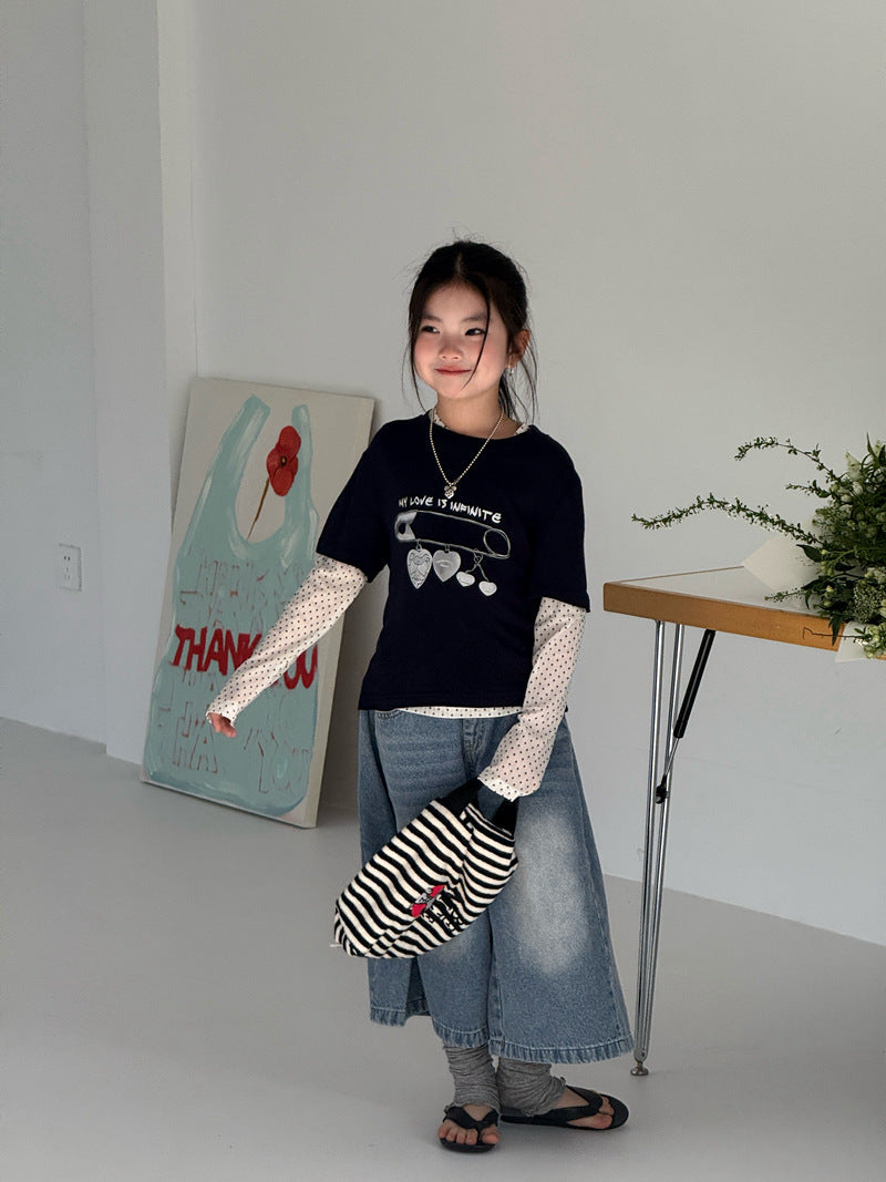 【120-160cm】疊穿針織兩件套上衣印花T