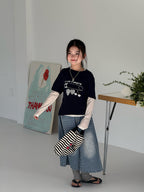 【120-160cm】疊穿針織兩件套上衣印花T