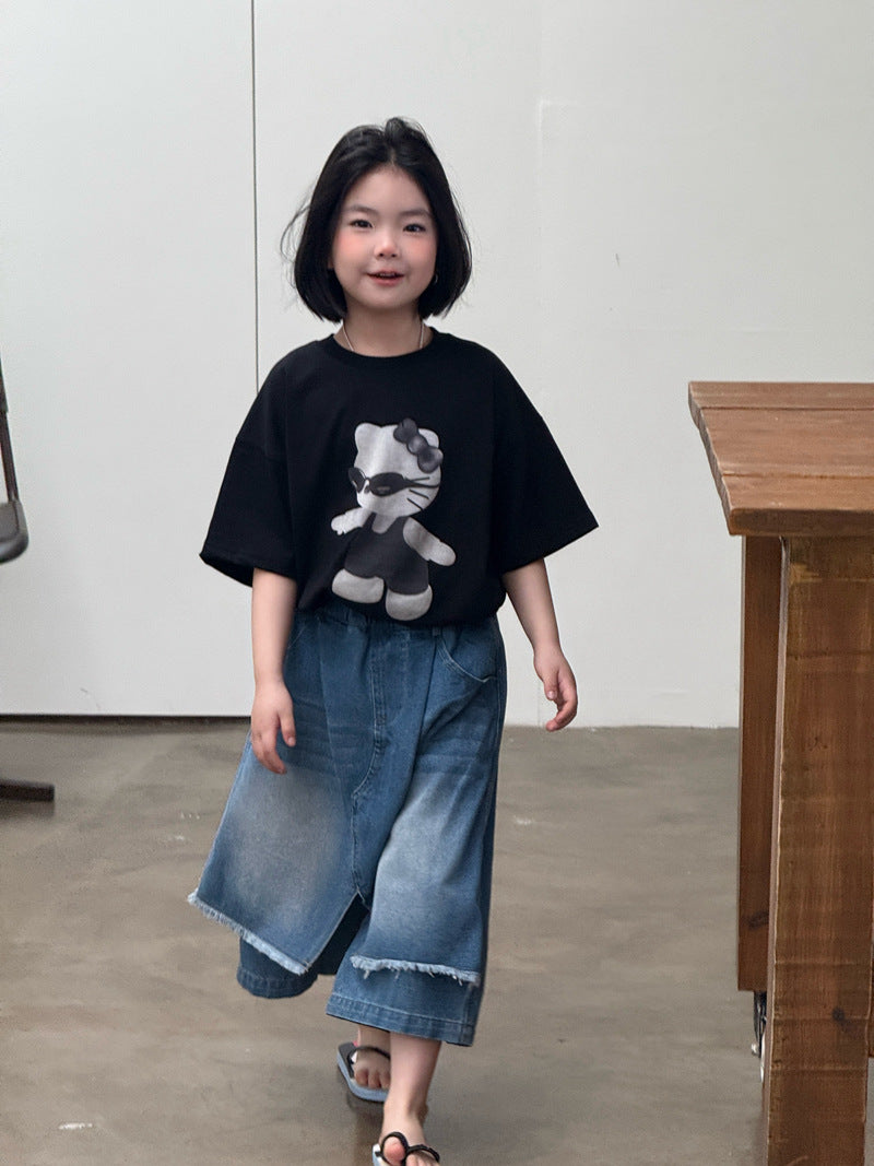 【120-160cm】不規則屁簾拼接寬腿七分牛仔褲