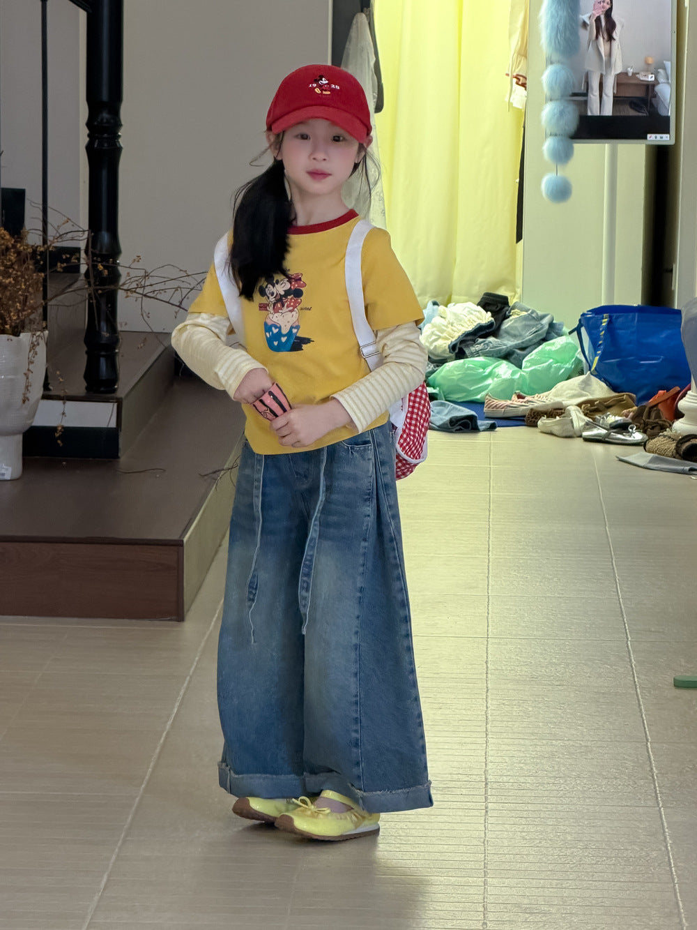 【100-160cm】韓版拼接米奇米妮假兩件上衣