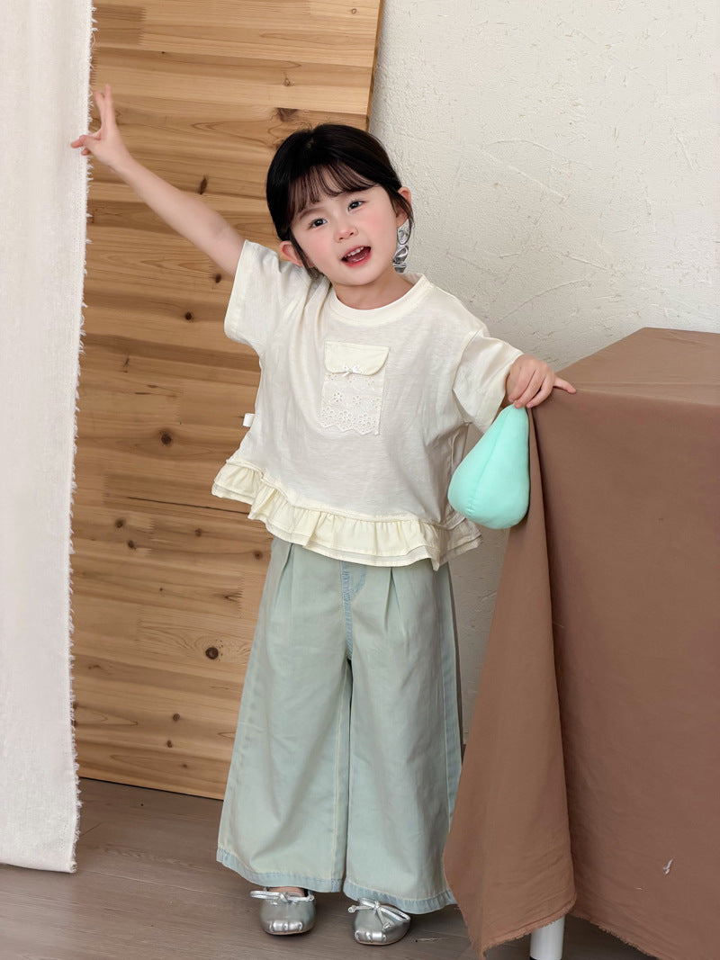 【90-140cm】荷葉邊蕾絲口袋短袖上衣