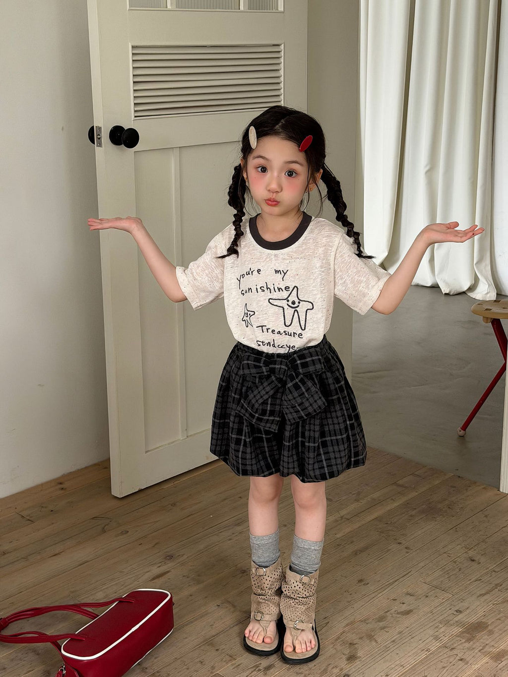【100-160cm】手繪星星格子裙套裝