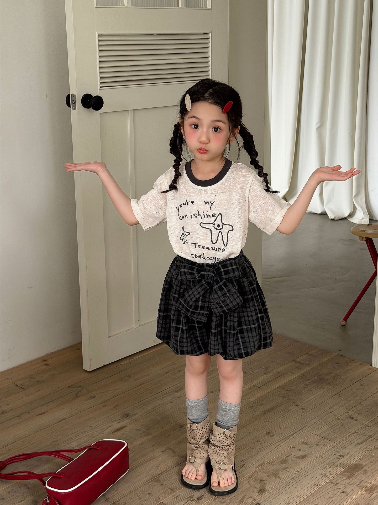 【100-160cm】手繪星星格子裙套裝