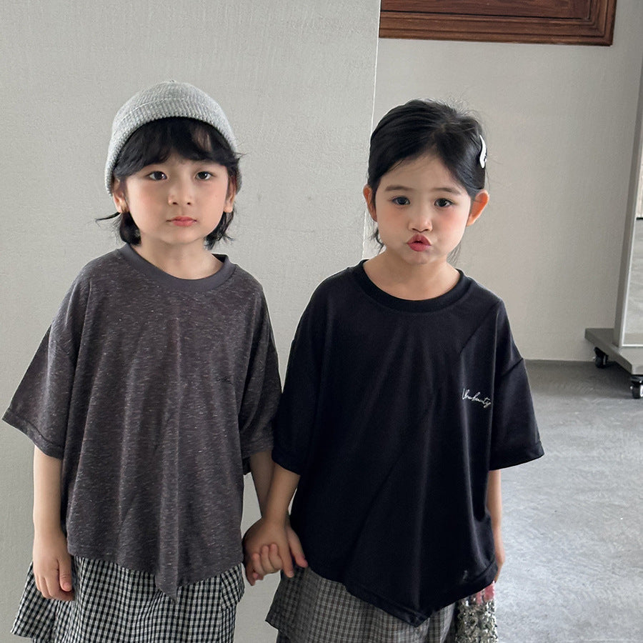 【80-140cm】棉麻不規則字母半袖T