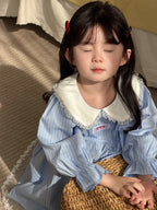 【90-140cm】條紋蕾絲棉布裙洋裝