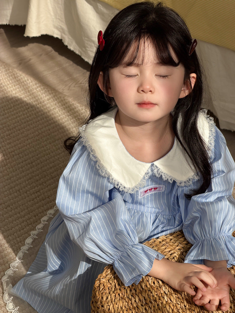 【90-140cm】條紋蕾絲棉布裙洋裝