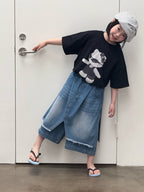 【120-160cm】不規則屁簾拼接寬腿七分牛仔褲