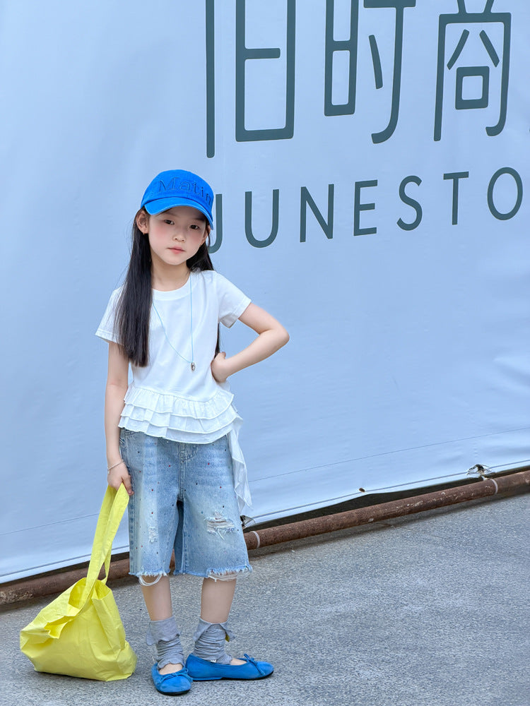【100-170cm】側邊飄帶不規則荷葉花邊T