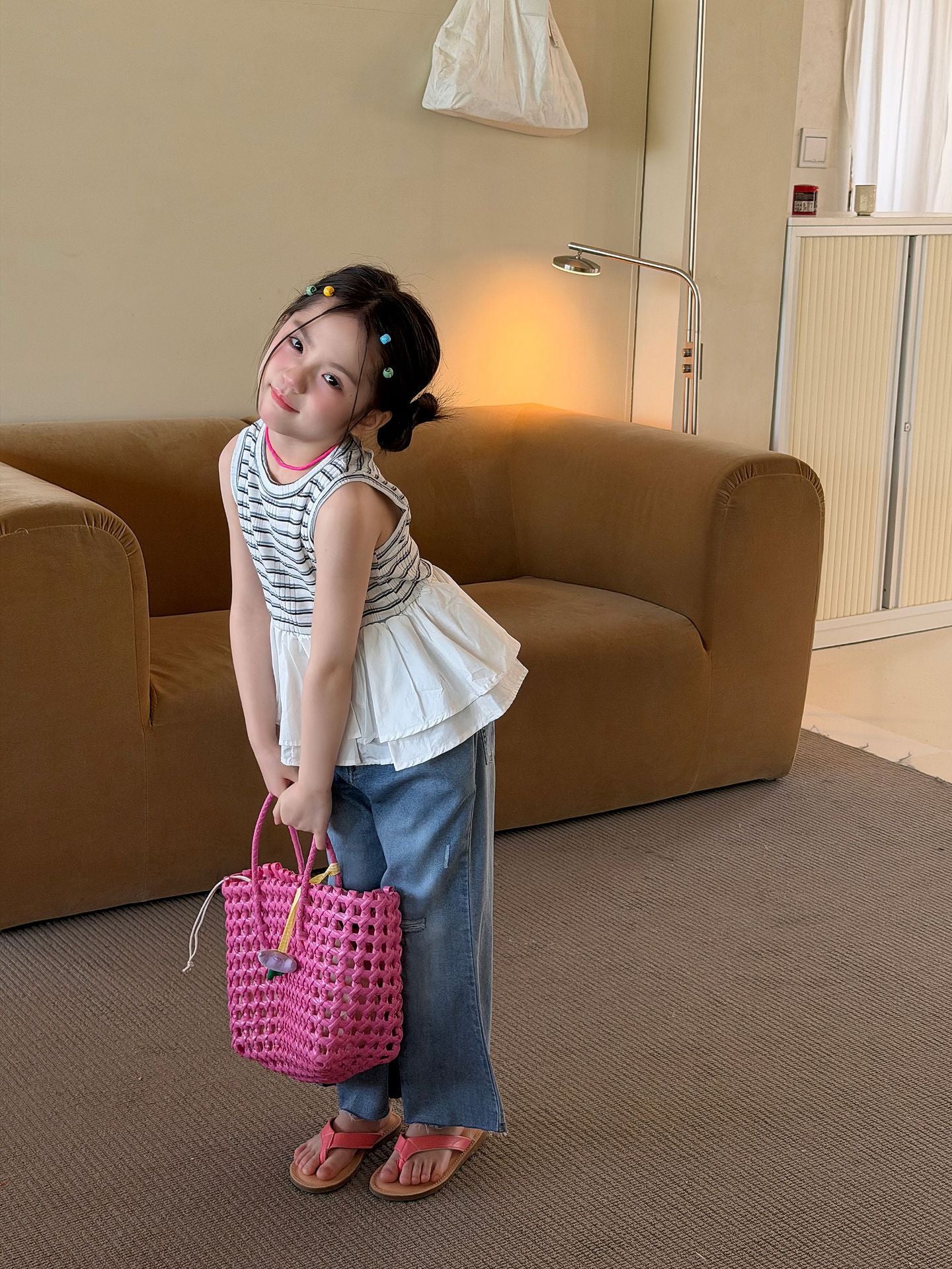 【100-160cm】條紋拼接荷葉邊背心