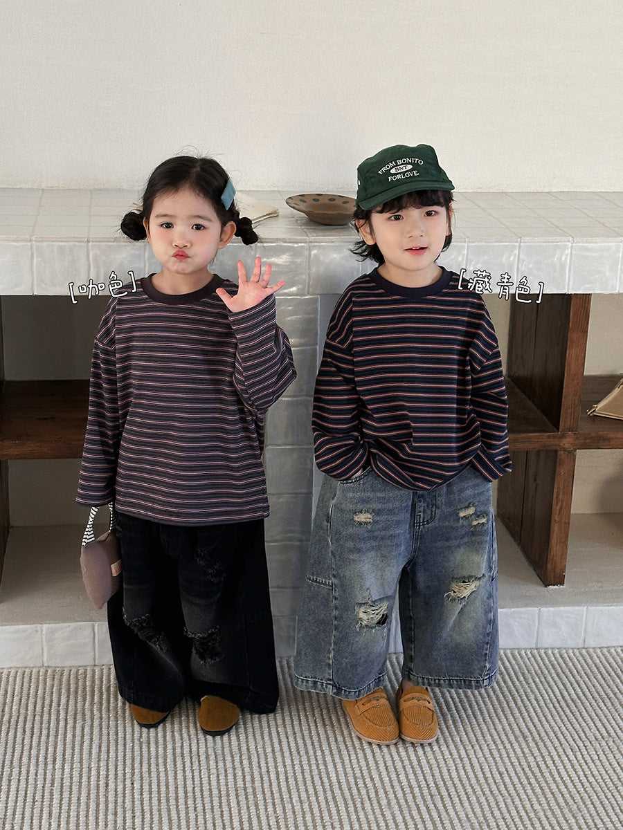 【80-140cm】撞色條紋打底衫