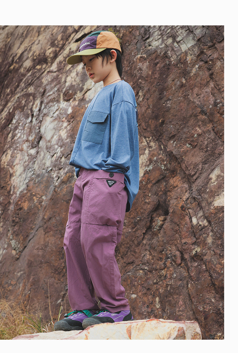 【100-160 cm】大口袋工裝褲復古直筒褲