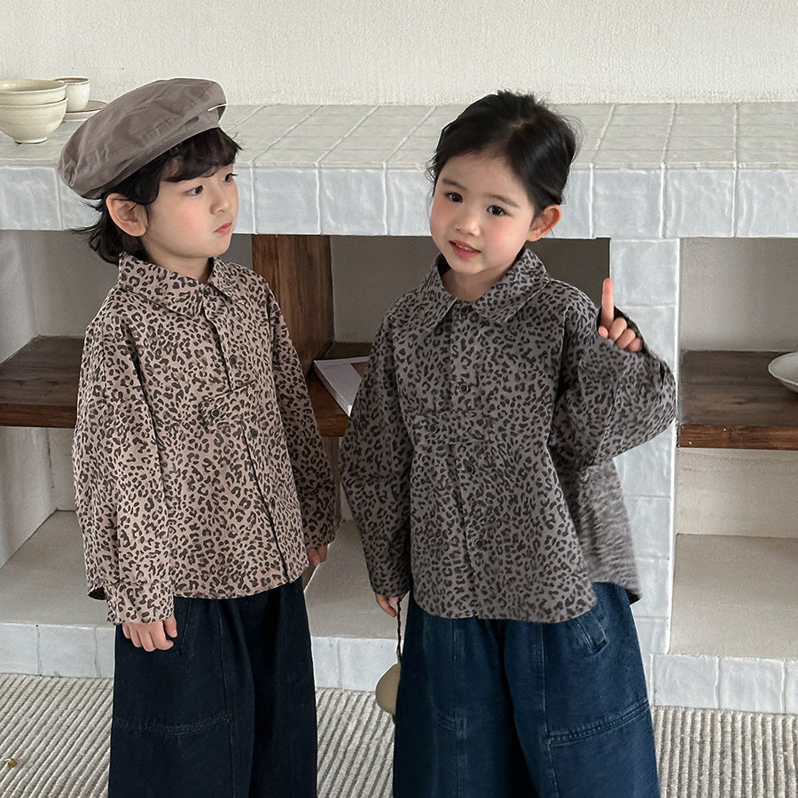 【80-140cm】復古港風豹紋襯衫