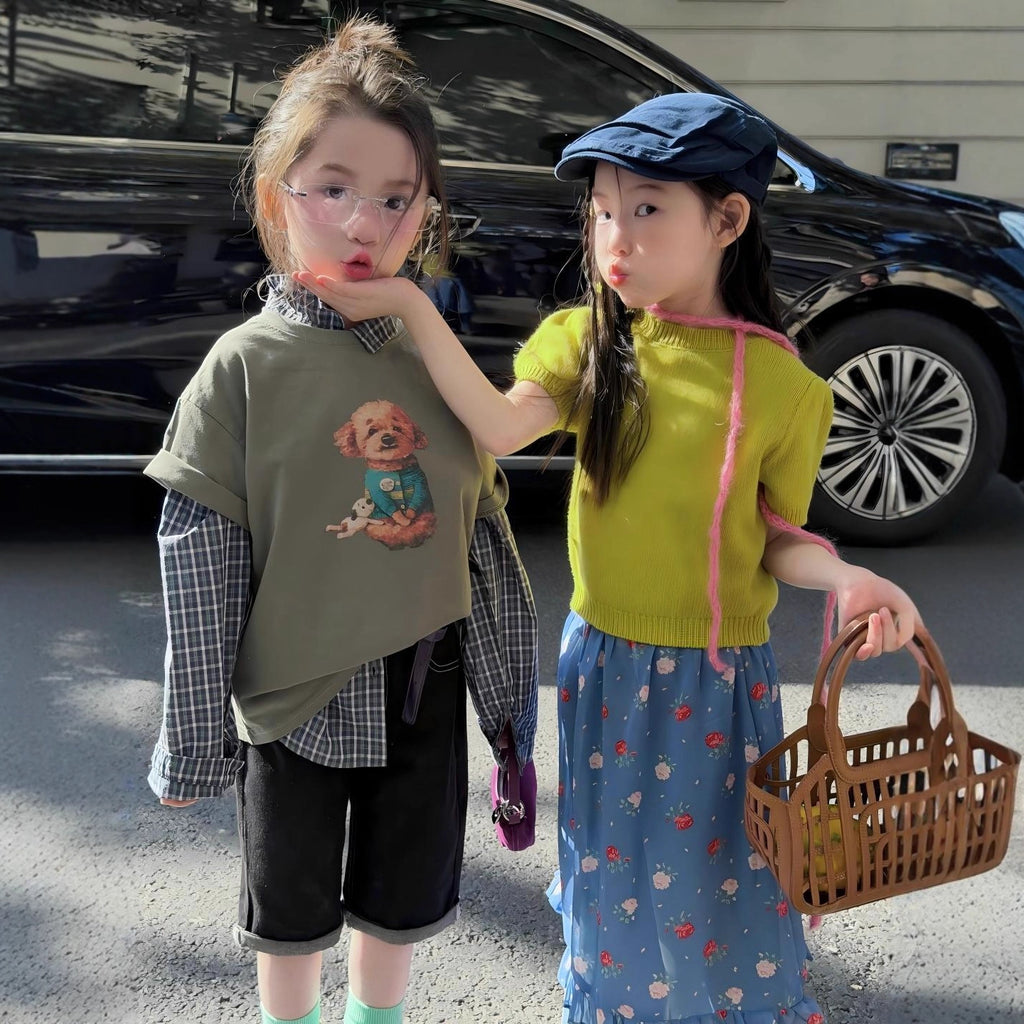 【90-140cm】狗狗短袖疊穿格子襯衫