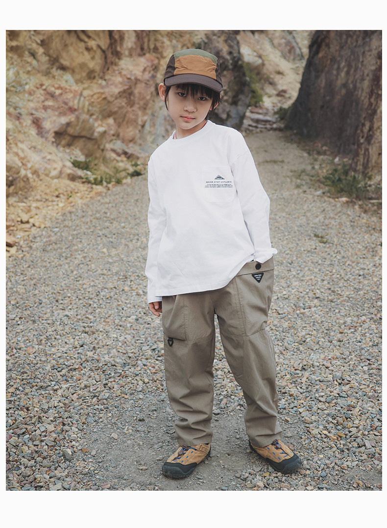 【100-160 cm】大口袋工裝褲復古直筒褲