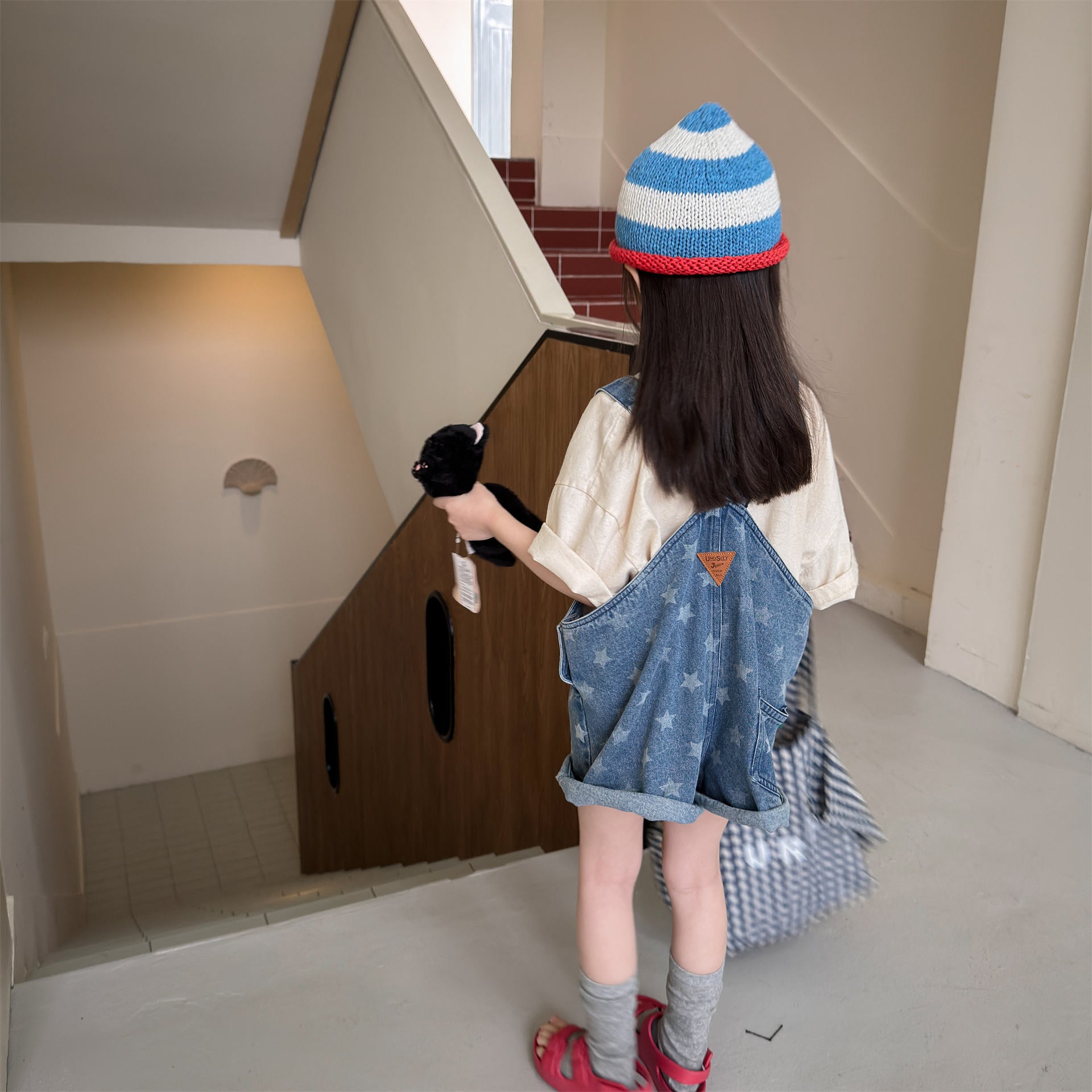 【80-130cm】(2色)滿印星星波點牛仔吊帶褲