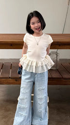 【120-160cm】彈性荷葉邊拼接短袖上衣