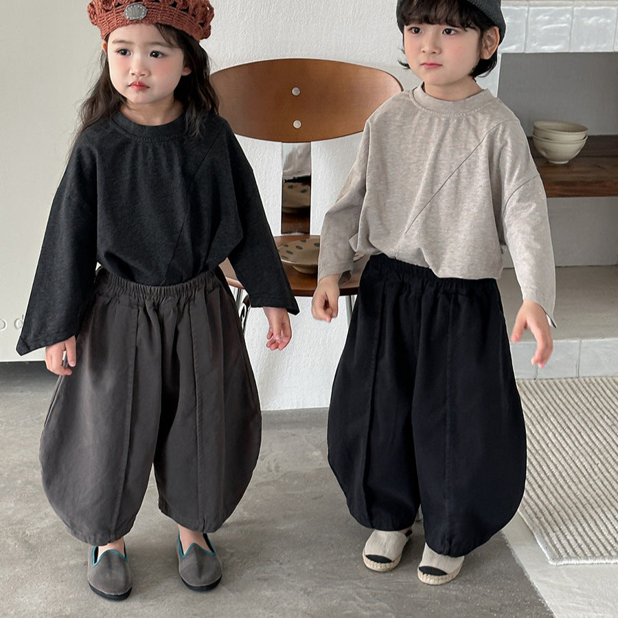 【80-140cm】淨色棉布寬鬆九分彎刀褲