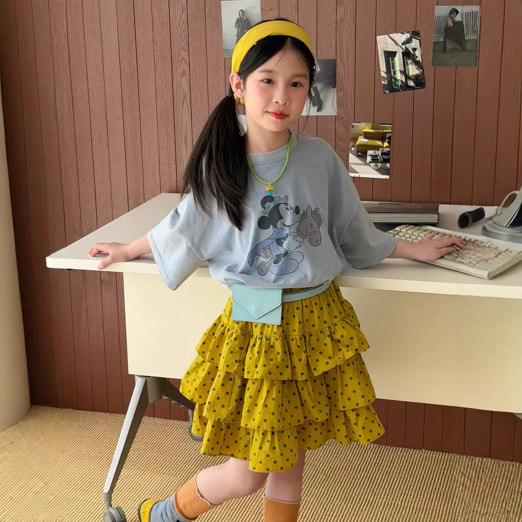 【100-160cm】韓版卡通印花短袖 | 圓點半身裙