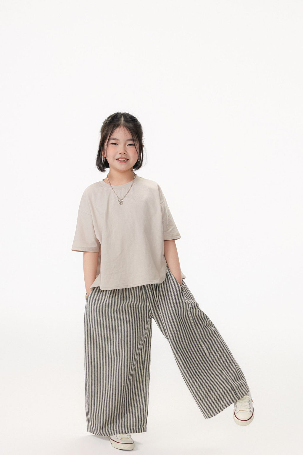 【90-150cm / M.L】【親子裝】日系花苞腰條紋寬褲