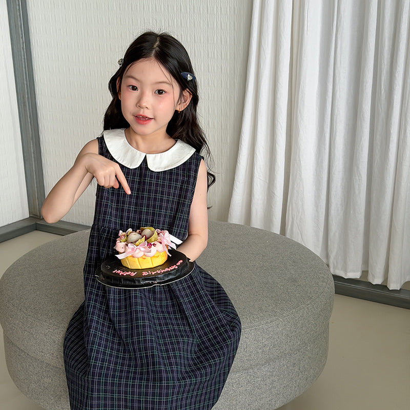 【100-170cm】韓系學院風復古格子娃娃領背心裙