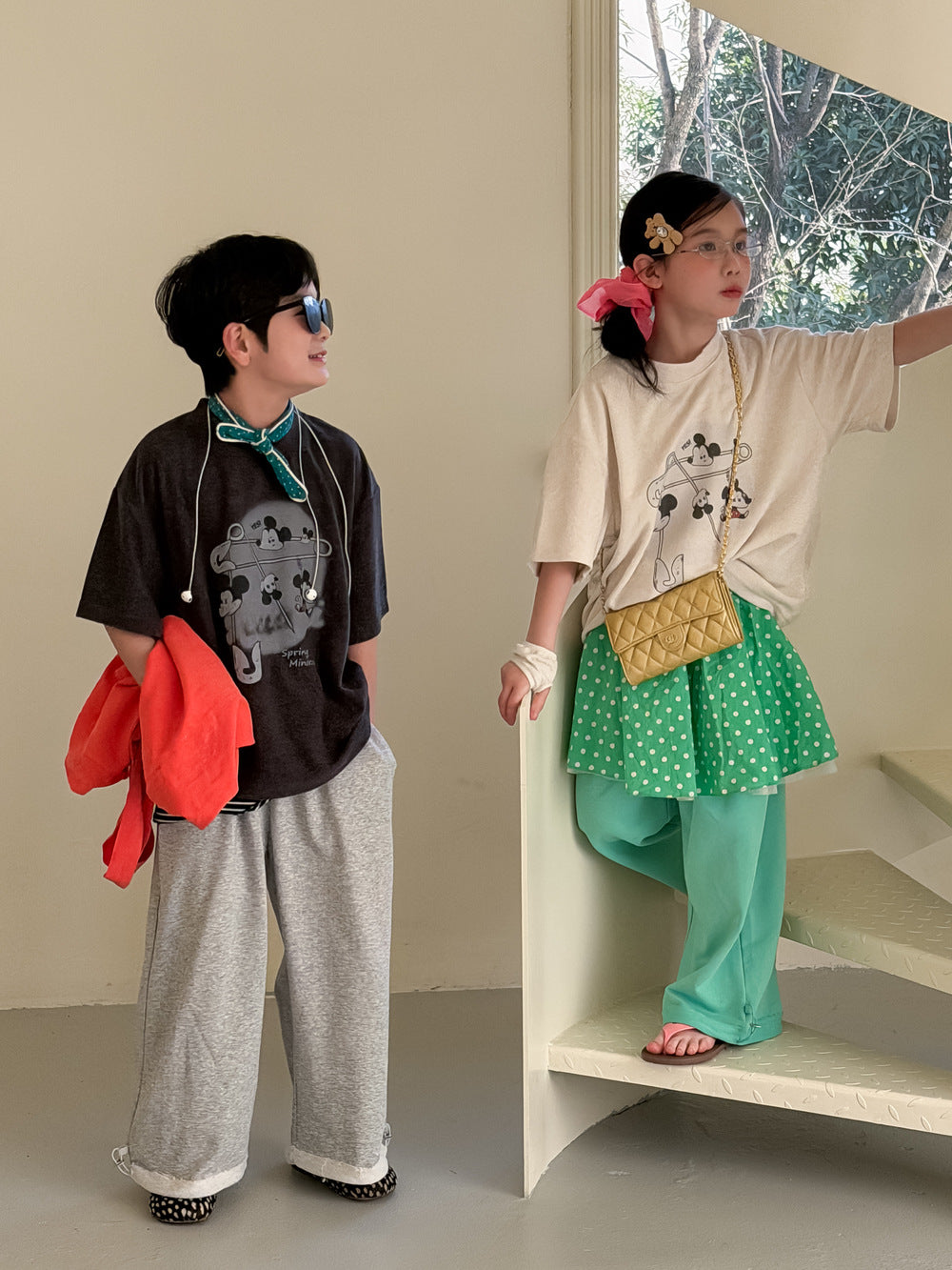 【100-160cm】純色抽繩兩穿百搭寬鬆褲