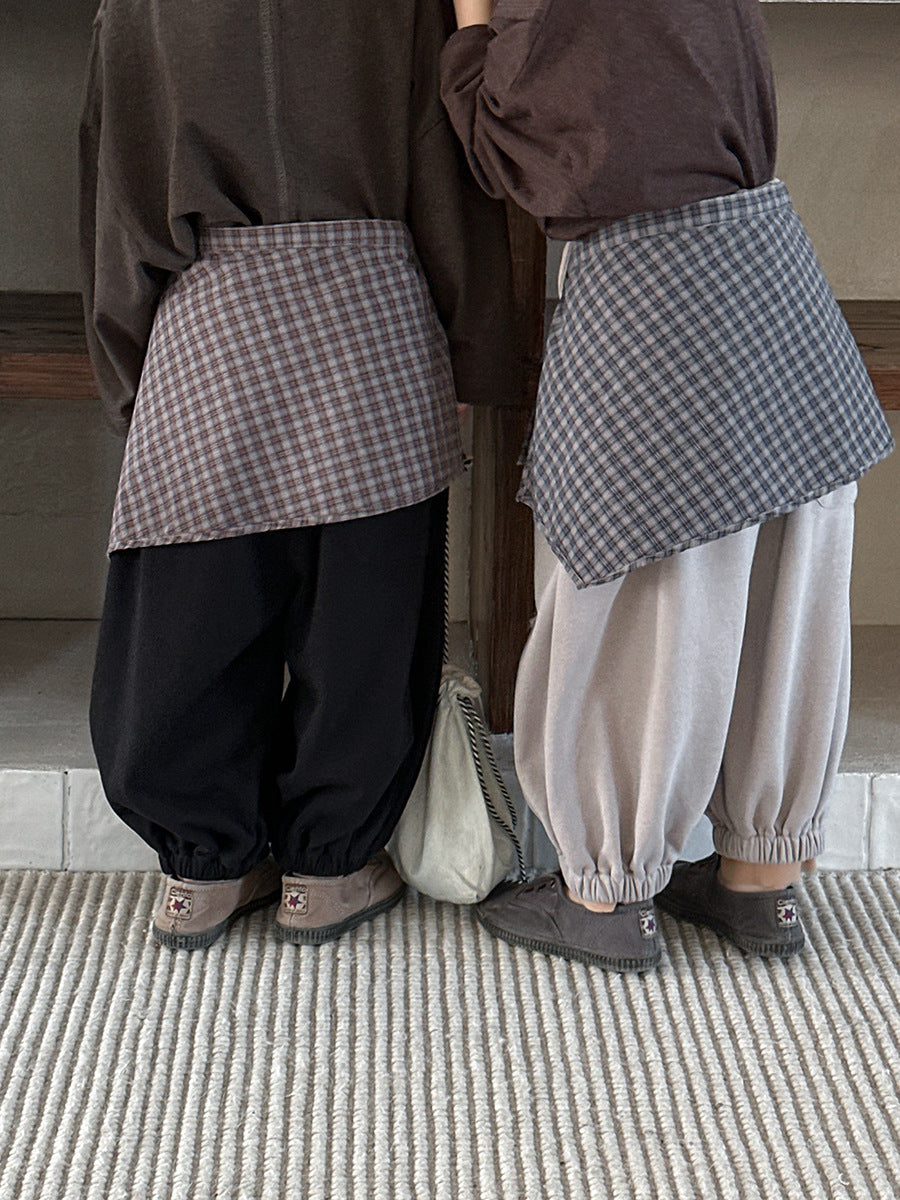 【80-140cm】純色破洞針織褲+格子屁簾