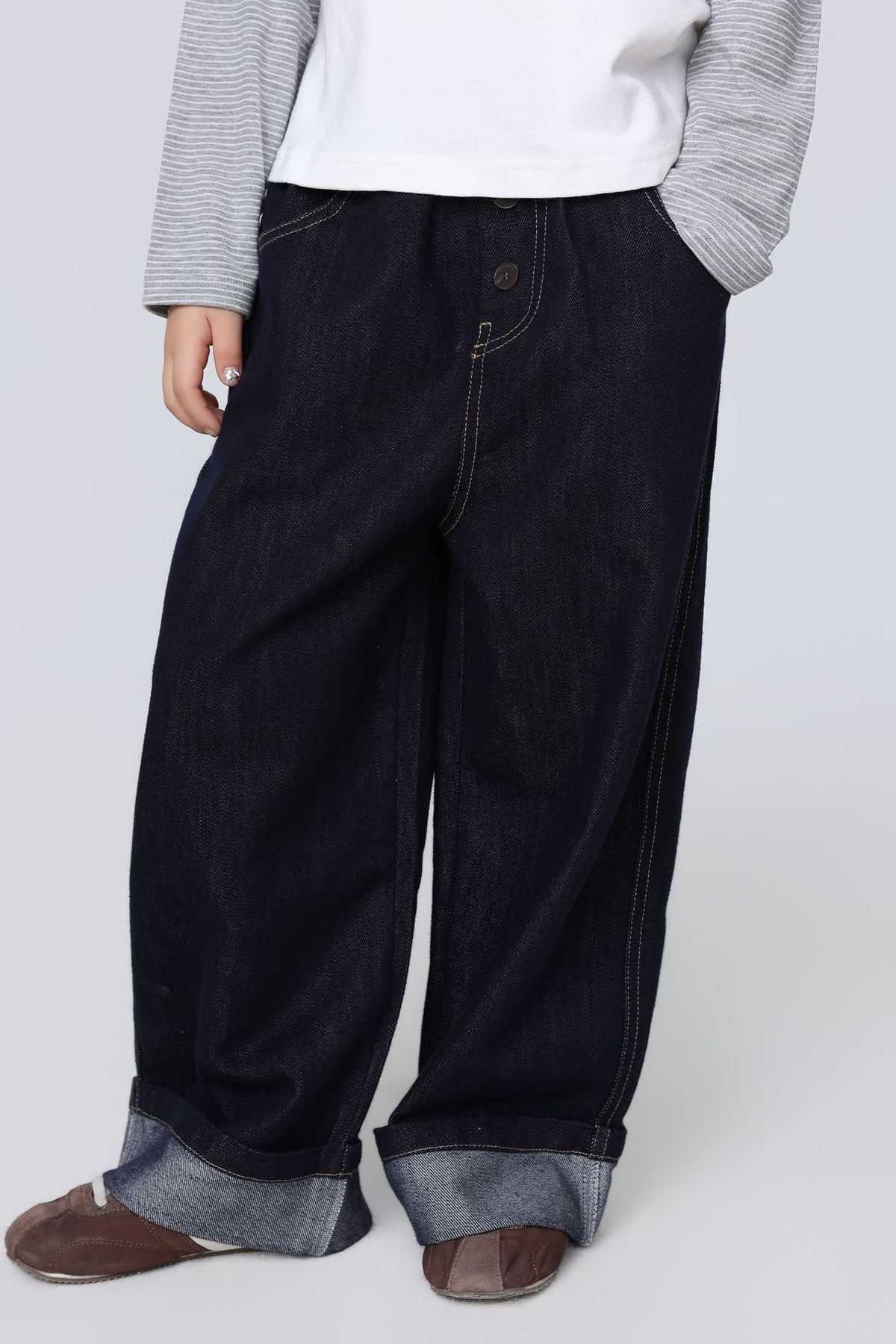 【100-150cm/M.L】親子裝 翻邊直筒牛仔長褲