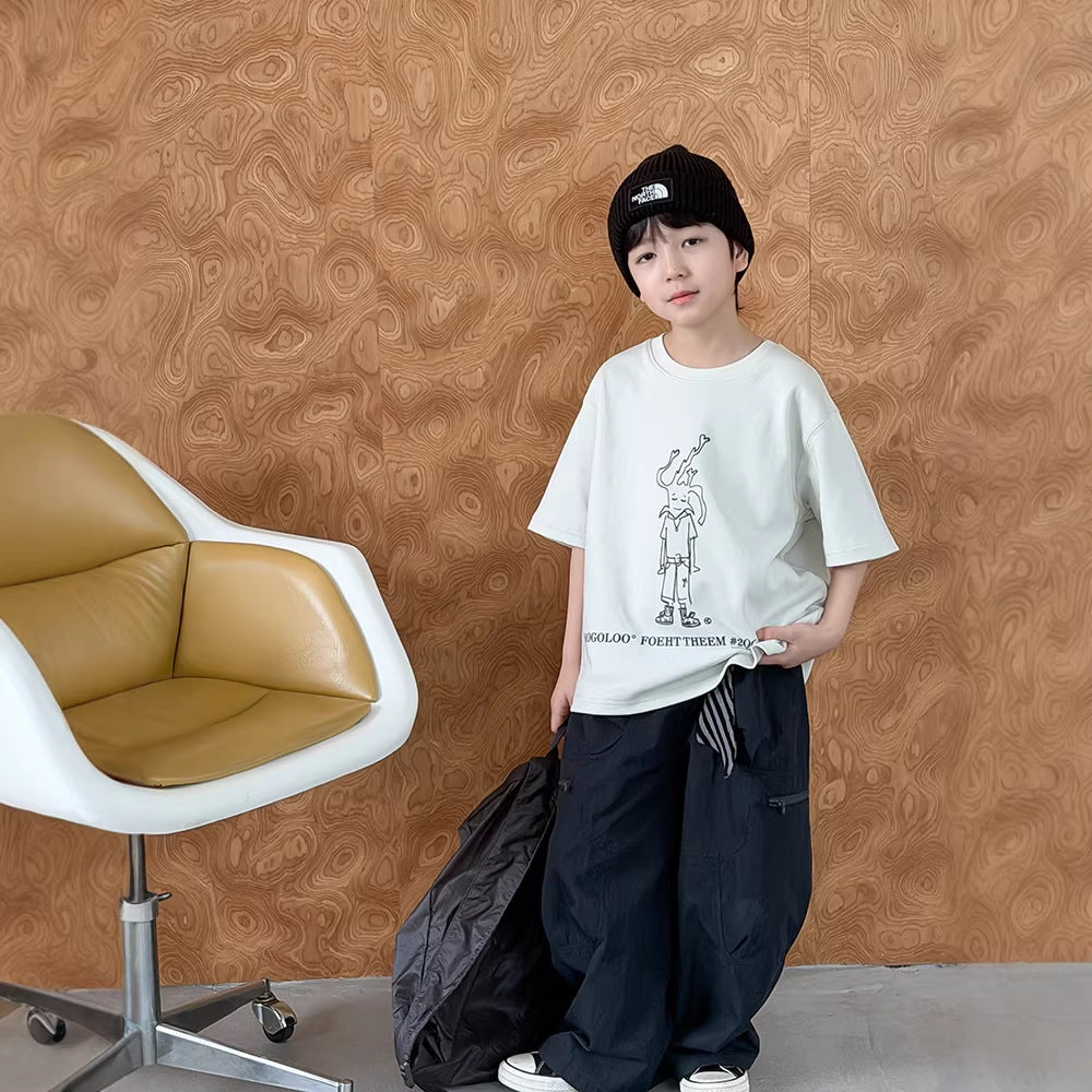 【100-170cm】(3色)山系休閒水洗棉寬鬆拼接口袋彎刀褲